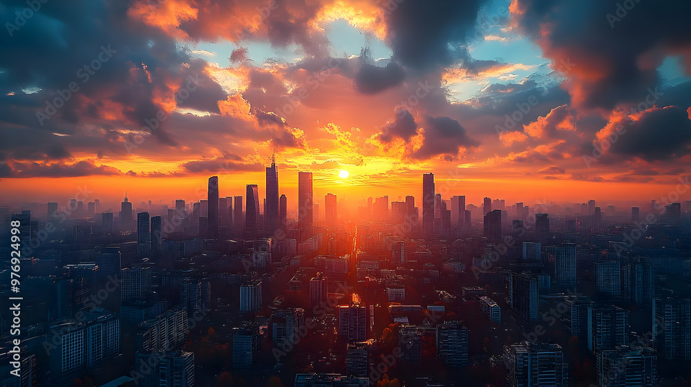 Fototapeta premium A fiery sunset over a sprawling cityscape, the sun illuminating the tops of the skyscrapers.