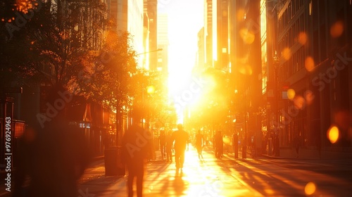 A heatwave in an urban area with scorching sun, heat radiating off buildings, and people seeking shade.