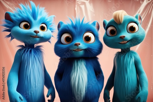 3D Animated Whimsical Blue Furry Creatures on Transparent Background