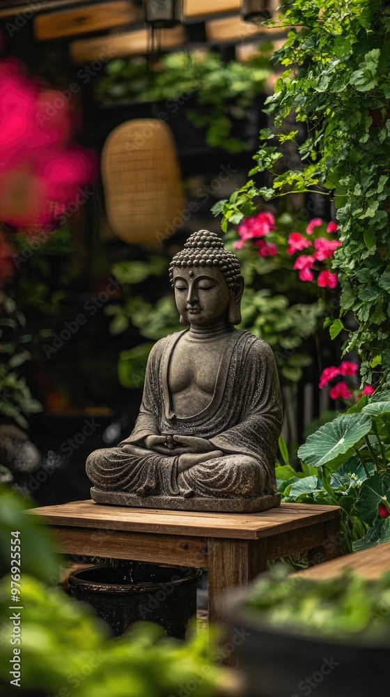 Buddha Statue with Nature Background, Green Plants, Flowers, and Wooden Tabletop Buddha Statue with Nature Background, Green Plants, Flowers, and Wooden Tabletop