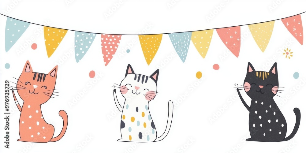 Cute cartoon cat in party hats celebrating with festive bunting. Ideal for birthday invitations, greeting cards, and playful design Cute cartoon cat in party hats celebrating with festive bunting. Ideal for birthday invitations, greeting cards, and playful design