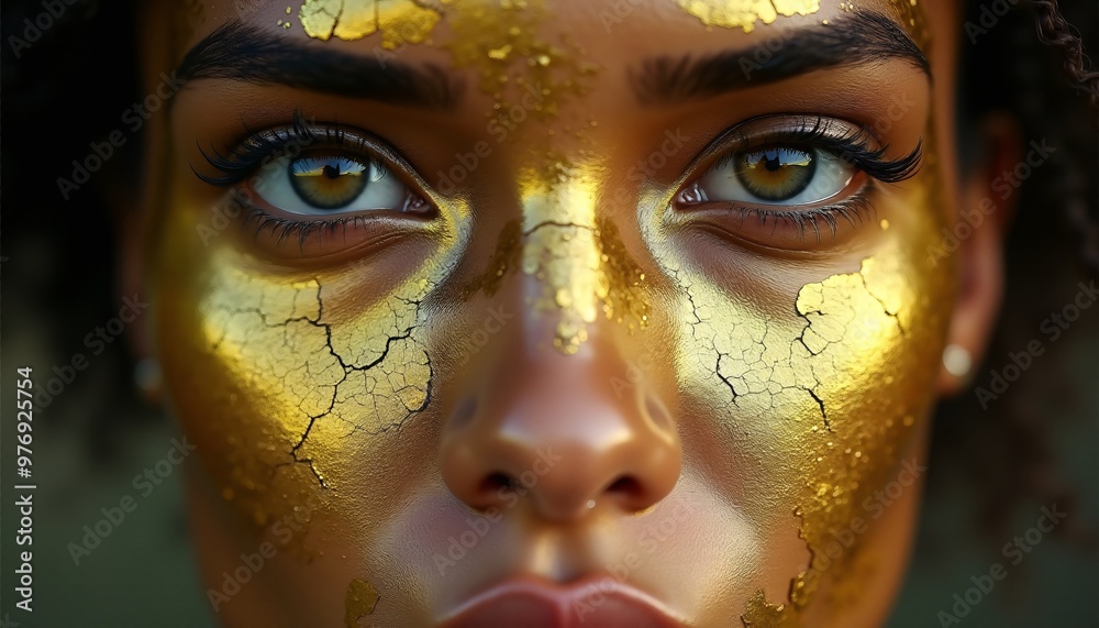 A detailed portrait of a person with their eyes looking directly at the viewer. Their eyes are filled with a powerful, unwavering gaze, but their face is covered in a thin layer of gold paint A detailed portrait of a person with their eyes looking directly at the viewer. Their eyes are filled with a powerful, unwavering gaze, but their face is covered in a thin layer of gold paint