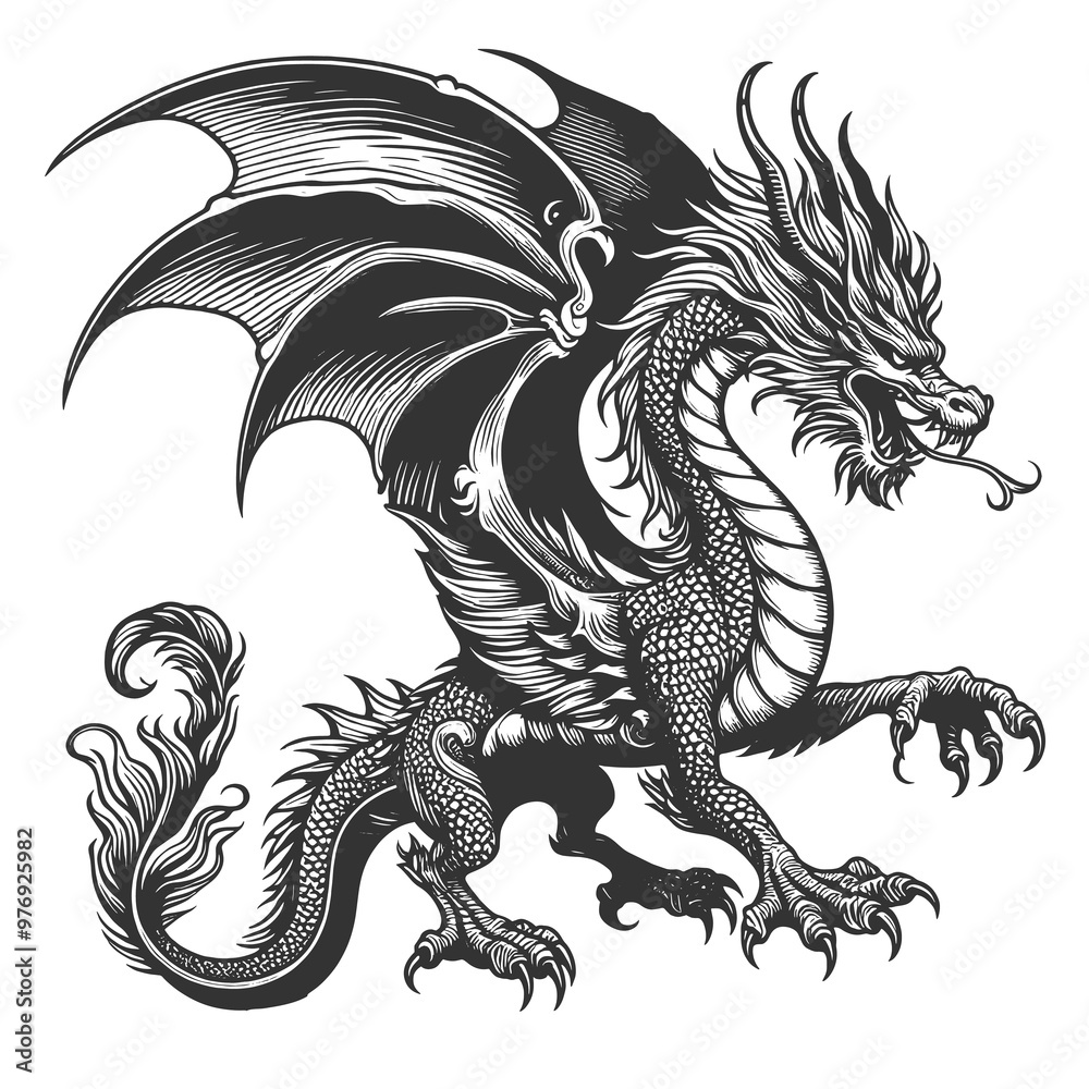 Fototapeta premium dragon, showcasing its detailed wings, tail, and scales in a classic fantasy style sketch engraving generative ai raster illustration. Scratch board imitation. Black and white image.