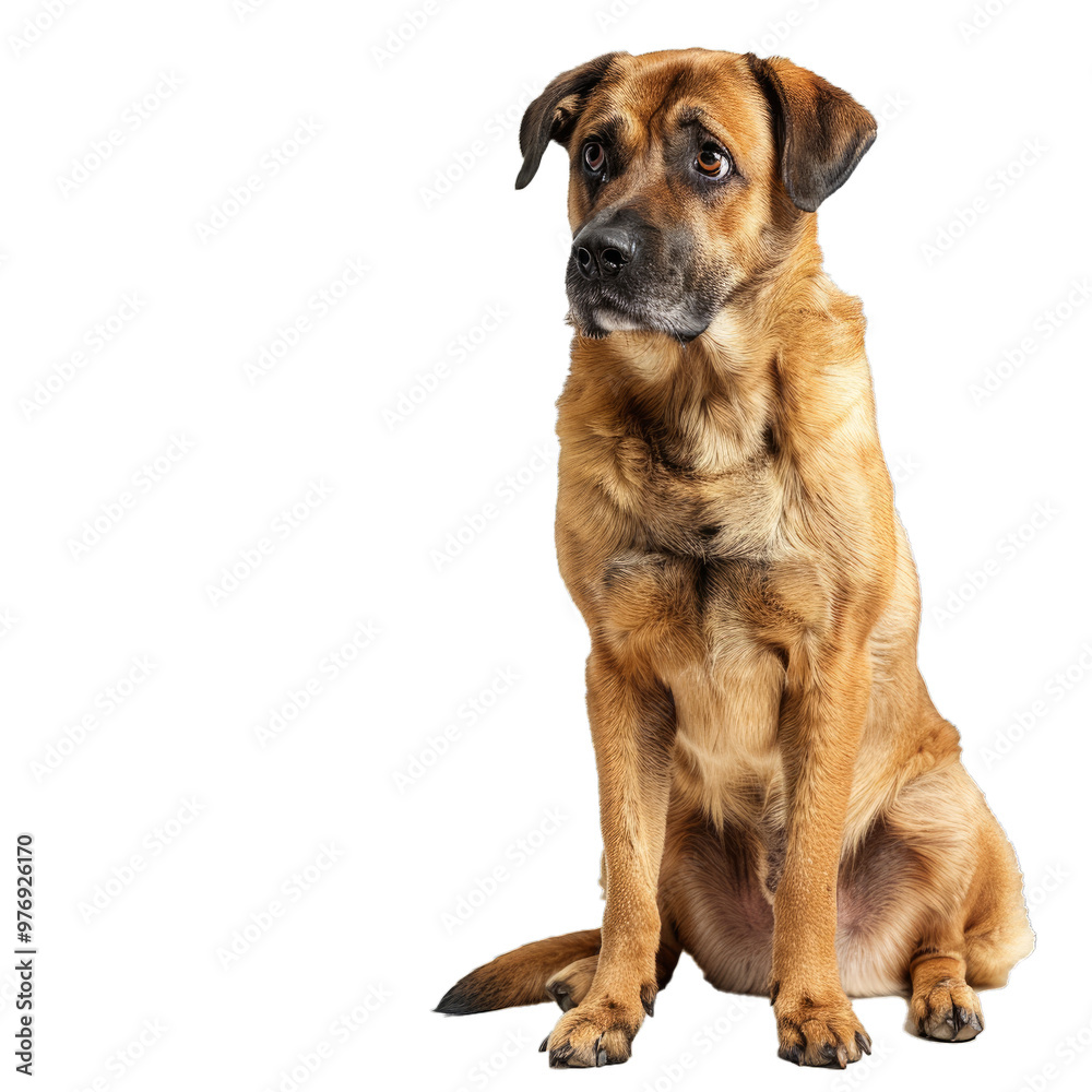 Lovely brown mongrel dog sitting patiently on a white background, looking off to the side with a calm and gentle expression Lovely brown mongrel dog sitting patiently on a white background, looking off to the side with a calm and gentle expression