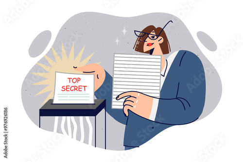 Woman special agent destroys top secret documents using paper shredder to combat information leaks