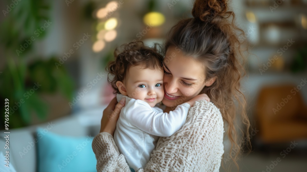 Caucasian mother with her baby tender moment in living room Caucasian mother with her baby tender moment in living room