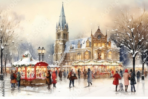 Capture a lively Christmas market with colorful stalls and twinkling lights in a watercolor style Include people in winter attire