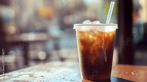 Iced coffee with a straw, condensation forming on the plastic cup, as it sits on a café photo