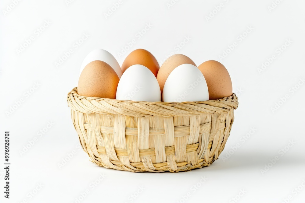 A wicker basket filled with brown and white eggs. Isolated on a white background. Perfect for Easter, cooking, or farm-related themes.. Beautiful simple AI generated image A wicker basket filled with brown and white eggs. Isolated on a white background. Perfect for Easter, cooking, or farm-related themes.. Beautiful simple AI generated image