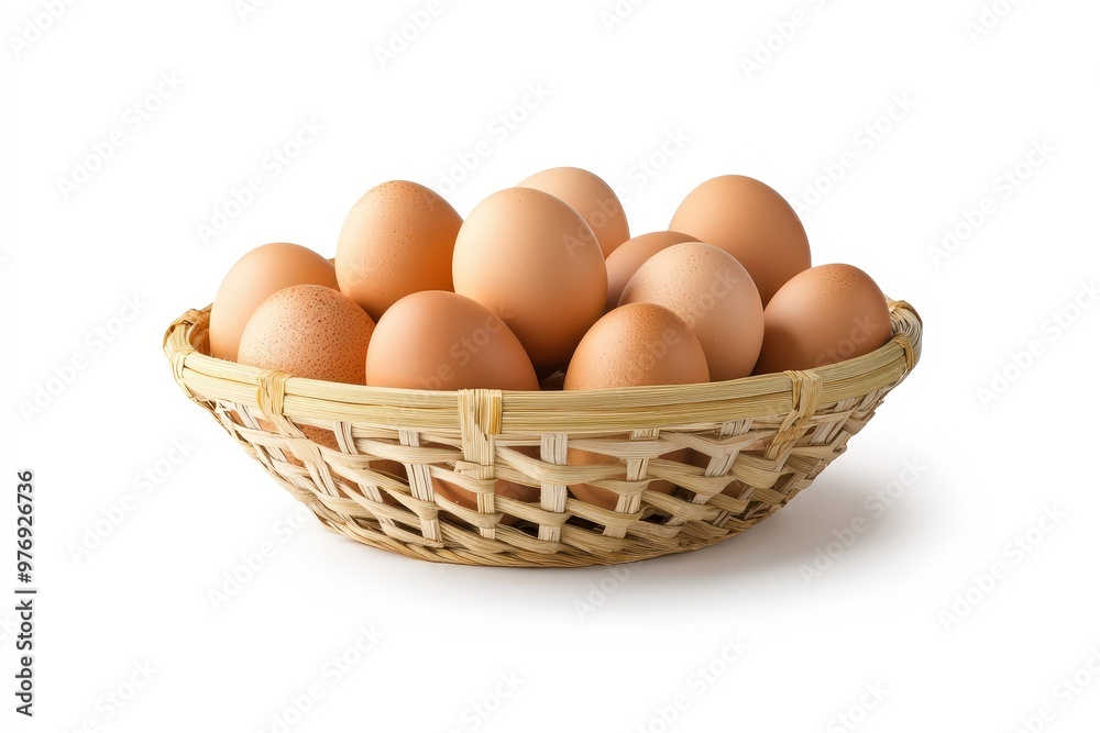 A rustic woven basket filled with fresh brown and white eggs, perfect for culinary or farm-themed projects.. Beautiful simple AI generated image A rustic woven basket filled with fresh brown and white eggs, perfect for culinary or farm-themed projects.. Beautiful simple AI generated image