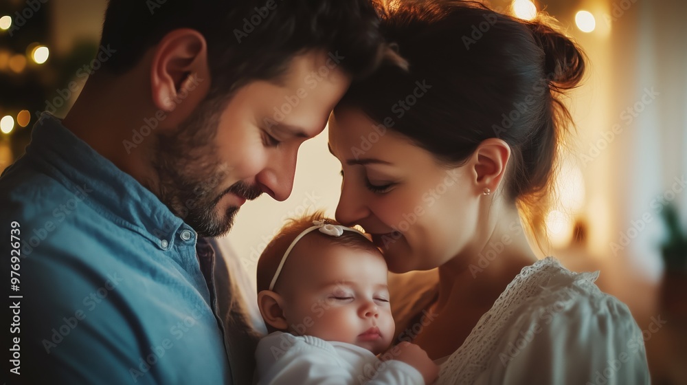 Caucasian parents with their baby father and mother looking at their child Caucasian parents with their baby father and mother looking at their child