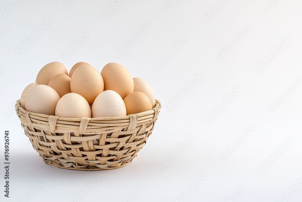 A wicker basket filled with brown and white eggs. Isolated on a white background. Perfect for Easter, cooking, or farm-related themes.. Beautiful simple AI generated image A wicker basket filled with brown and white eggs. Isolated on a white background. Perfect for Easter, cooking, or farm-related themes.. Beautiful simple AI generated image