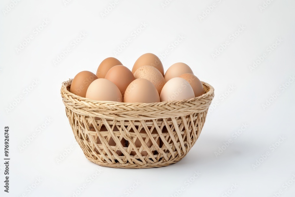 A rustic woven basket filled with fresh brown and white eggs, perfect for culinary or farm-themed projects.. Beautiful simple AI generated image A rustic woven basket filled with fresh brown and white eggs, perfect for culinary or farm-themed projects.. Beautiful simple AI generated image