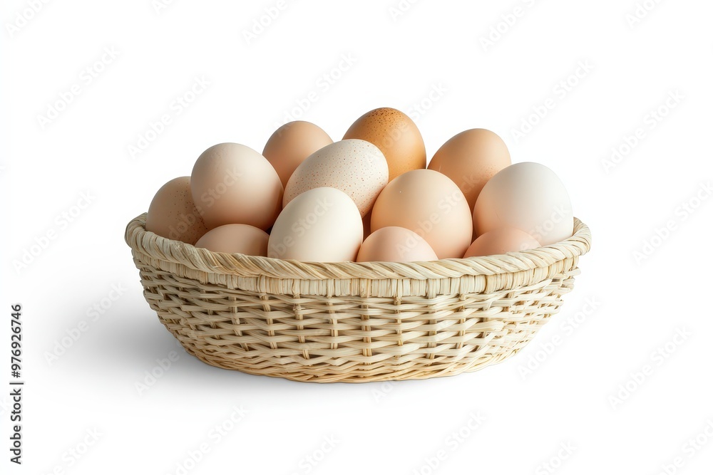 A wicker basket filled with brown and white eggs. Isolated on a white background. Perfect for Easter, cooking, or farm-related themes.. Beautiful simple AI generated image A wicker basket filled with brown and white eggs. Isolated on a white background. Perfect for Easter, cooking, or farm-related themes.. Beautiful simple AI generated image
