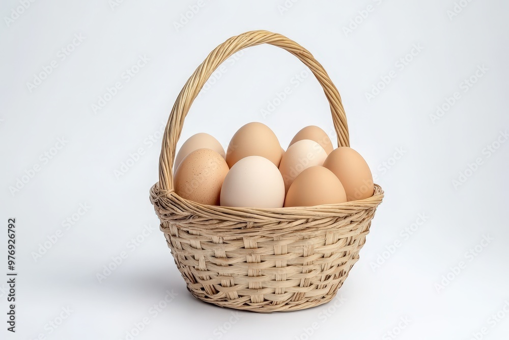 A wicker basket filled with brown and white eggs. Isolated on a white background. Perfect for Easter, cooking, or farm-related themes.. Beautiful simple AI generated image A wicker basket filled with brown and white eggs. Isolated on a white background. Perfect for Easter, cooking, or farm-related themes.. Beautiful simple AI generated image