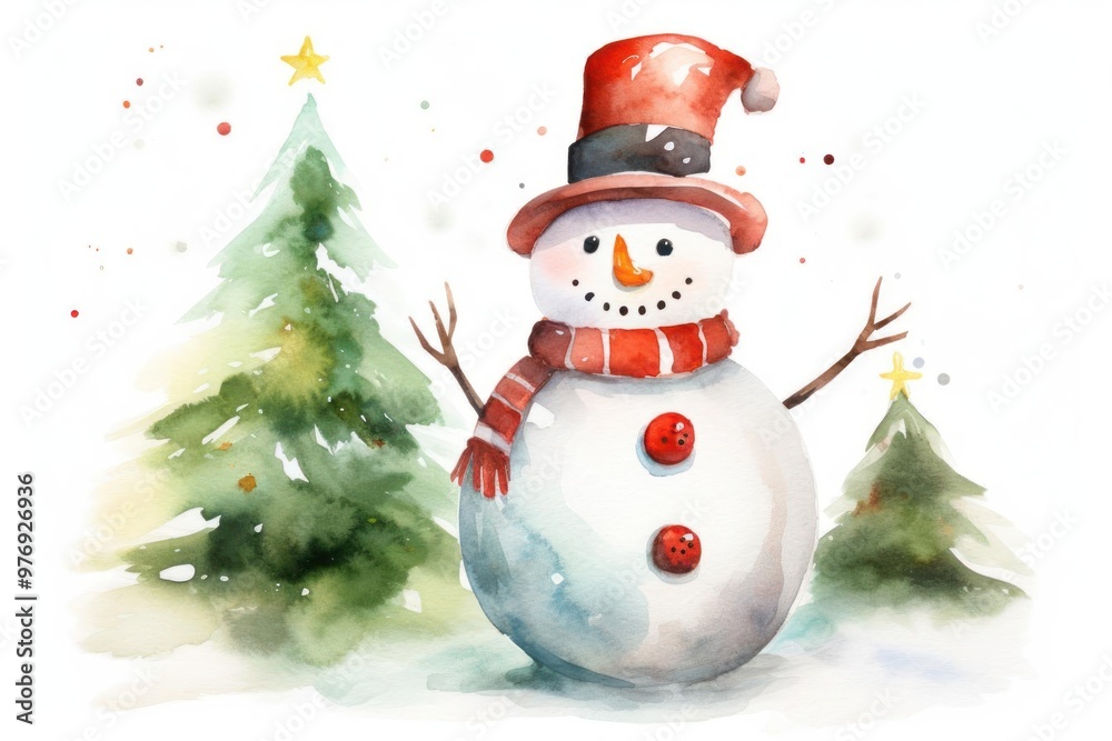 snowman decoration with a Santa hat and red scarf, standing near a petite Christmas tree embellished with ornaments, under a warm, pastel watercolor hue and delicate brush strokes