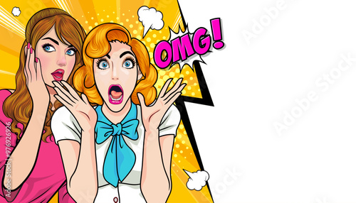 Woman whispering gossip secret to her friend surprise In Retro Vintage Pop Art Comic Style