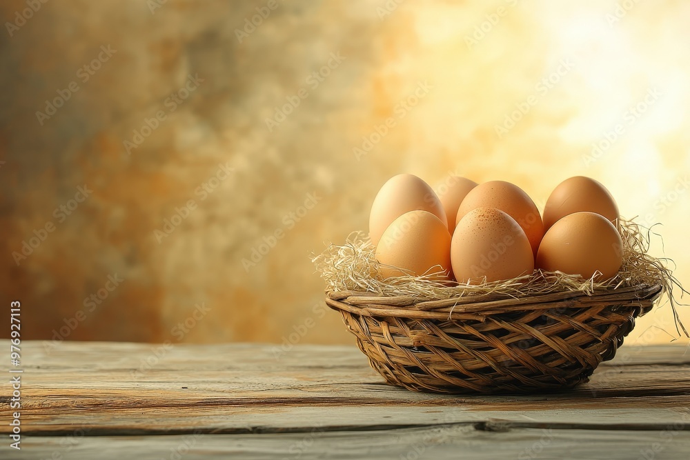 Close-up of a rustic basket filled with farm-fresh brown eggs on a wooden table. Beautiful simple AI generated image Close-up of a rustic basket filled with farm-fresh brown eggs on a wooden table. Beautiful simple AI generated image