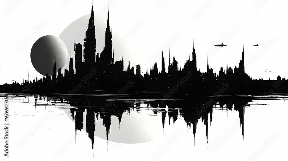 Naklejka premium A futuristic city skyline with a large planet in the background, reflected in the water.