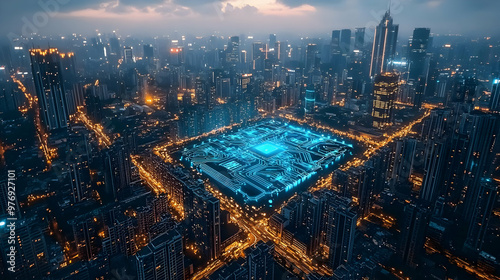 A futuristic city skyline w...