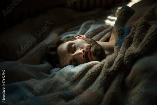 Close-Up of Bearded Man Sleeping Peacefully on Soft Blanket in Natural Light