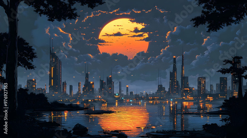 A futuristic city skyline w...