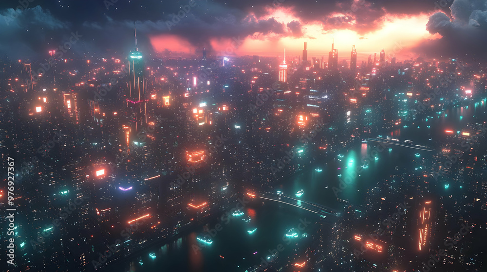 A futuristic city skyline with glowing lights and neon signs. A futuristic city skyline with glowing lights and neon signs.