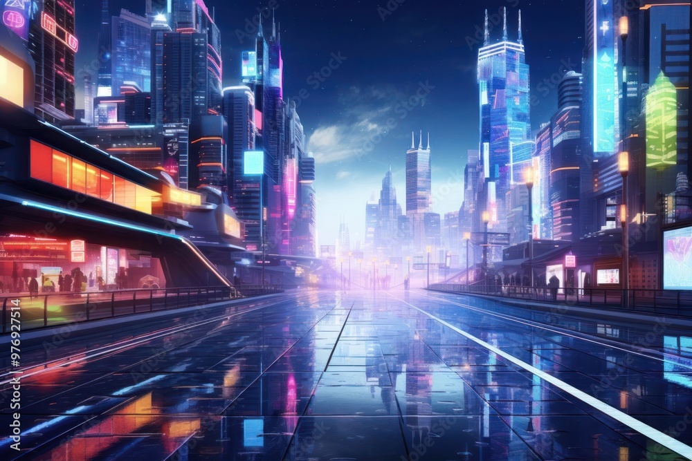 Craft a futuristic cityscape at night, with neon lights reflecting on rain-soaked streets Craft a futuristic cityscape at night, with neon lights reflecting on rain-soaked streets