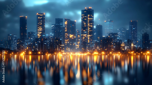 A futuristic city skyline with skyscrapers illuminated at night, reflected in the water.