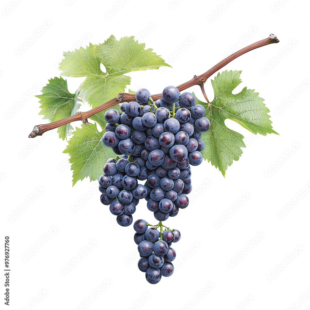 Fototapeta premium Cluster of ripe grapes with green leaves on vine