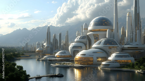 A futuristic city skyline w...