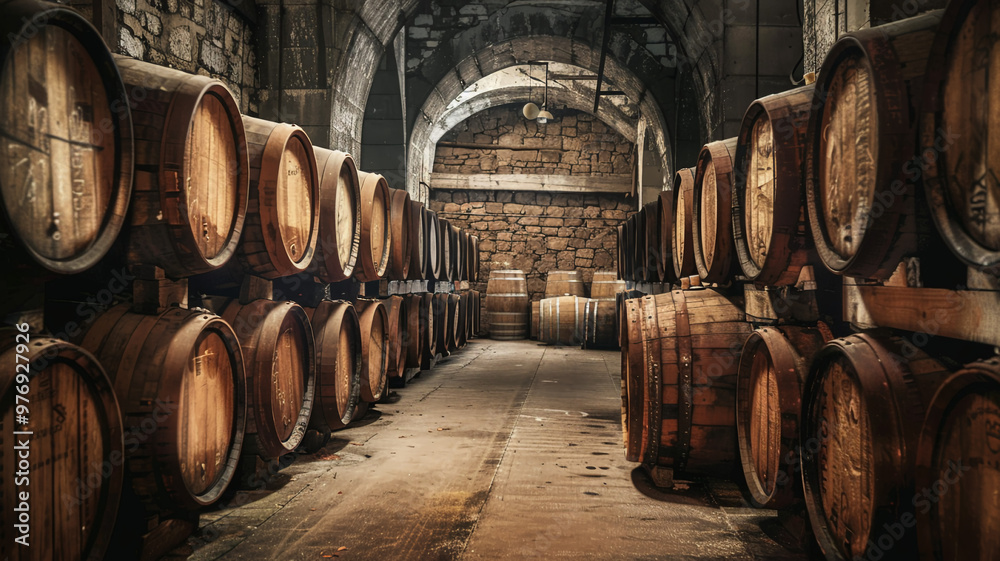 Whiskey Bourbon Scotch Wine Barrels in Aging Facility: Detailed Interior with Rustic Charm Whiskey Bourbon Scotch Wine Barrels in Aging Facility: Detailed Interior with Rustic Charm