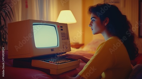 Woman Using Vintage Computer in Retro Room, Nostalgic Vibe photo