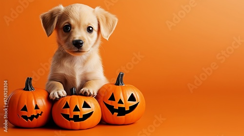 Cute Puppy with Halloween Pumpkins on Bright Orange Background photo