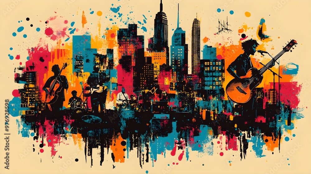 Design a community shirt that showcases a collage of local musicians and performers, capturing the diversity and unity within the arts scene, focus on, neighborhood festival theme, vibrant, Composite Design a community shirt that showcases a collage of local musicians and performers, capturing the diversity and unity within the arts scene, focus on, neighborhood festival theme, vibrant, Composite