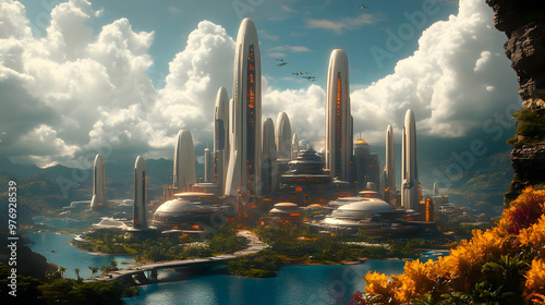 A futuristic city with tall...