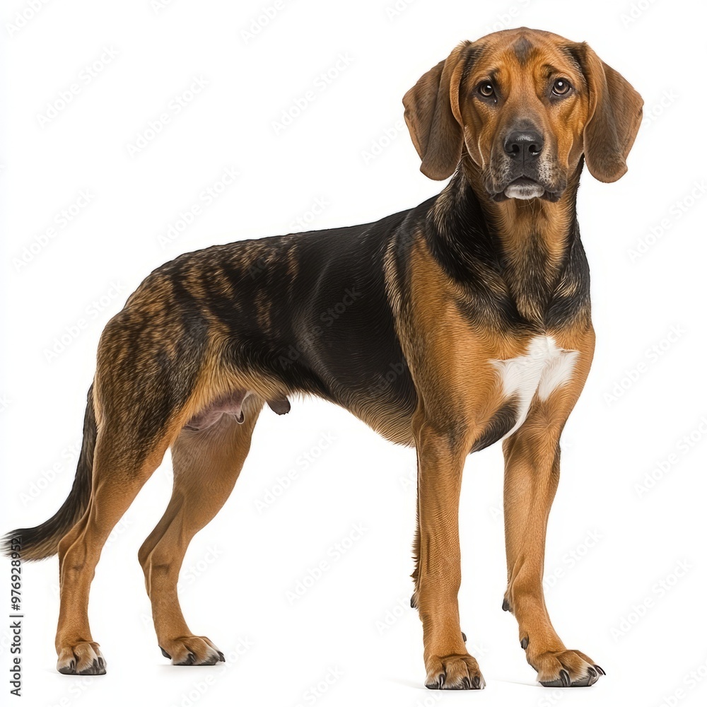 Full-body side profile of a standing brown dog on a white background, showcasing its muscular and elegant form. Full-body side profile of a standing brown dog on a white background, showcasing its muscular and elegant form.