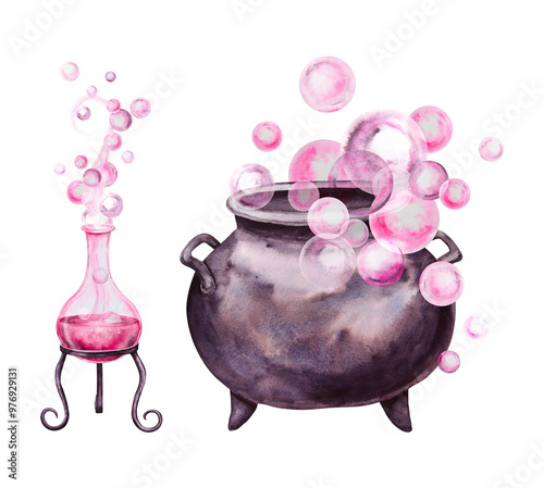 Black cast iron cauldron for brewing potions and glass transparent flask, bottle with pink liquid. Esoteric attribute of a witch, sorcerer, gypsy, psychic. Clipart for Halloween. Watercolor hand-drawn