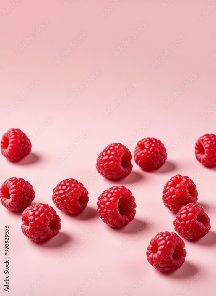 Berries of ripe raspberries are scattered on a pink background Berries of ripe raspberries are scattered on a pink background