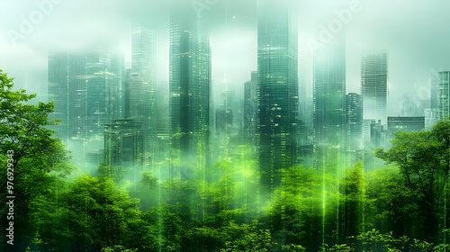 A futuristic cityscape is shrouded in fog and green foliage, evoking a sense of environmental consciousness and technological advancement.