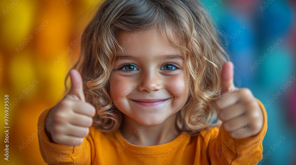 Thumbs Up, Big Smile: A joyful young girl with curly blonde hair and bright blue eyes gives a double thumbs up, radiating positivity and confidence. Her bright smile and cheerful expression evoke. Thumbs Up, Big Smile: A joyful young girl with curly blonde hair and bright blue eyes gives a double thumbs up, radiating positivity and confidence. Her bright smile and cheerful expression evoke.