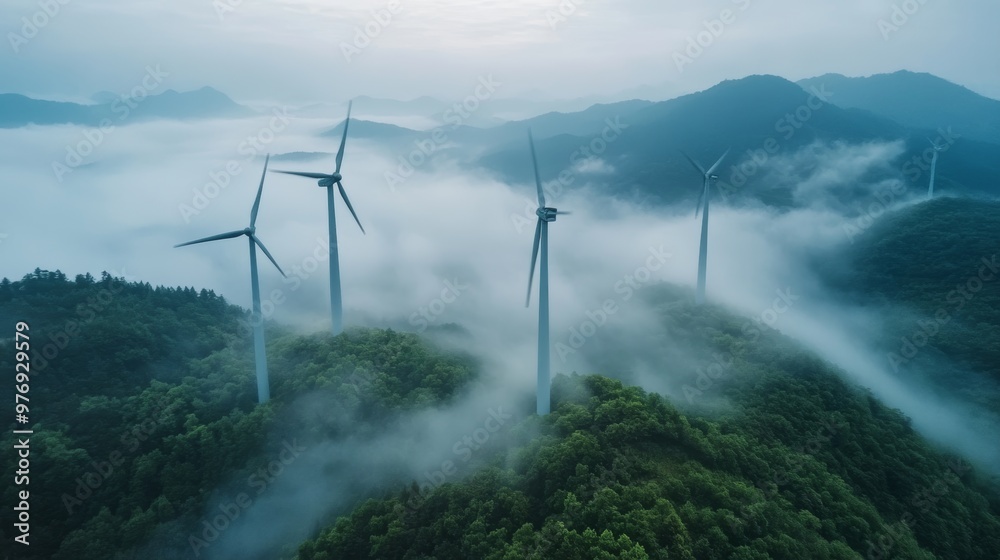 Wind turbines along the edge of a massive canyon, the deep ravine filled with mist, Watercolor style Wind turbines along the edge of a massive canyon, the deep ravine filled with mist, Watercolor style