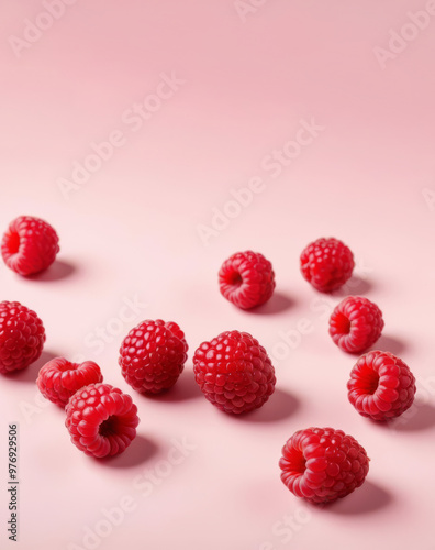 Berries of ripe raspberries are scattered on a pink background