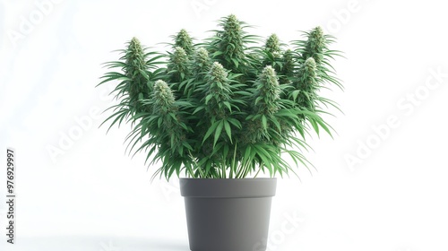 Potted Cannabis Plant Isolated on White Background, Growing Indoors photo