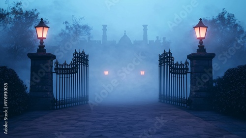 Mysterious foggy scene featuring an illuminated entrance with glowing lanterns, open wrought iron gates, and a shadowy mansion in the background, creating a gothic and haunting atmosphere.