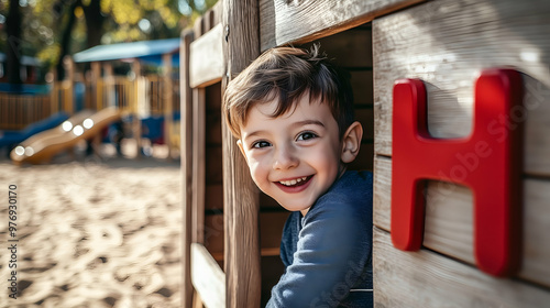 a happy boy playing in a wooden house. photo