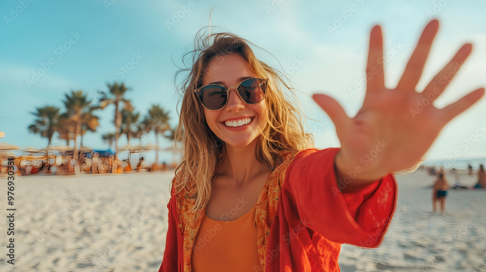 A happy woman on the beach with open hands in a hugging gesture and a palm.