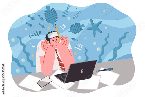 Man office clerk dreams of diving in ocean, sitting at workplace and imagining underwater swimming