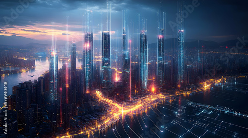 A futuristic cityscape with...