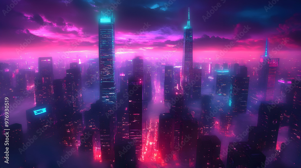Obraz premium A futuristic cityscape with glowing skyscrapers and a pink and blue sky.